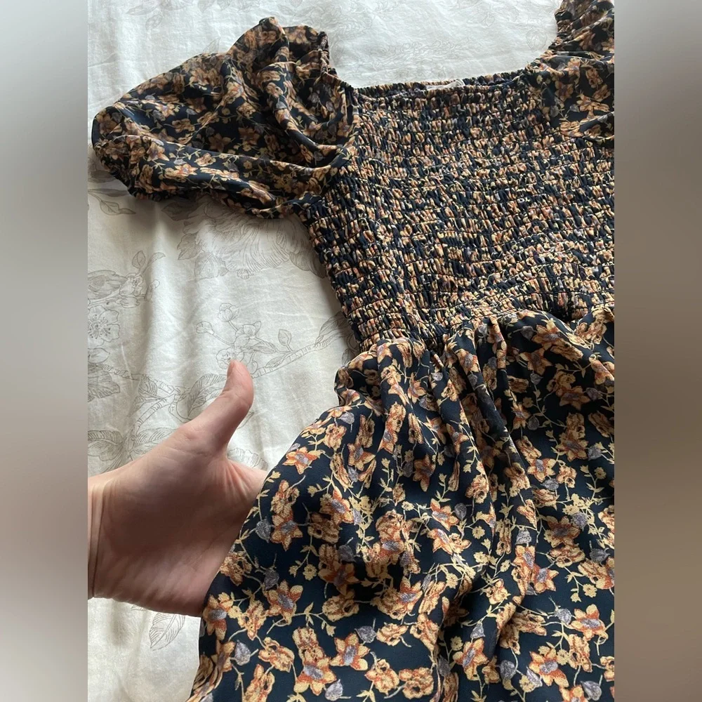 Baltic Born‎ Manchester Navy Ditsy Floral Smocked Midi Dress Small Cottagecore - Picture 4 of 9